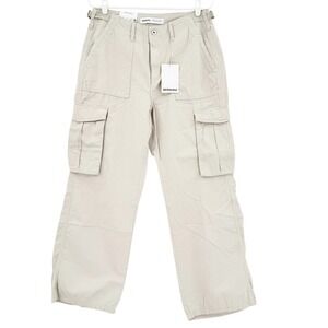 Bershka Women's Beige Cargo Cotton Straight Pant Size 10 Utility Pockets NWT‎